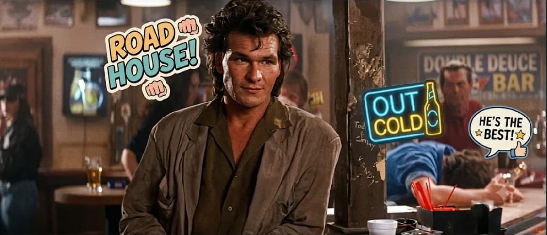 loi.Patrick Swayze Turns Barroom Chaos Into Action Gold in Road House, Where Every Fight Tests More Than Just His Fists